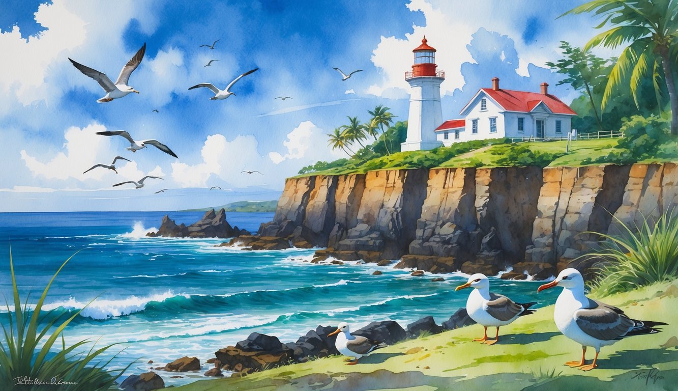 A lighthouse on a rocky cliff by the ocean with seabirds flying and resting nearby, surrounded by green plants under a blue sky.