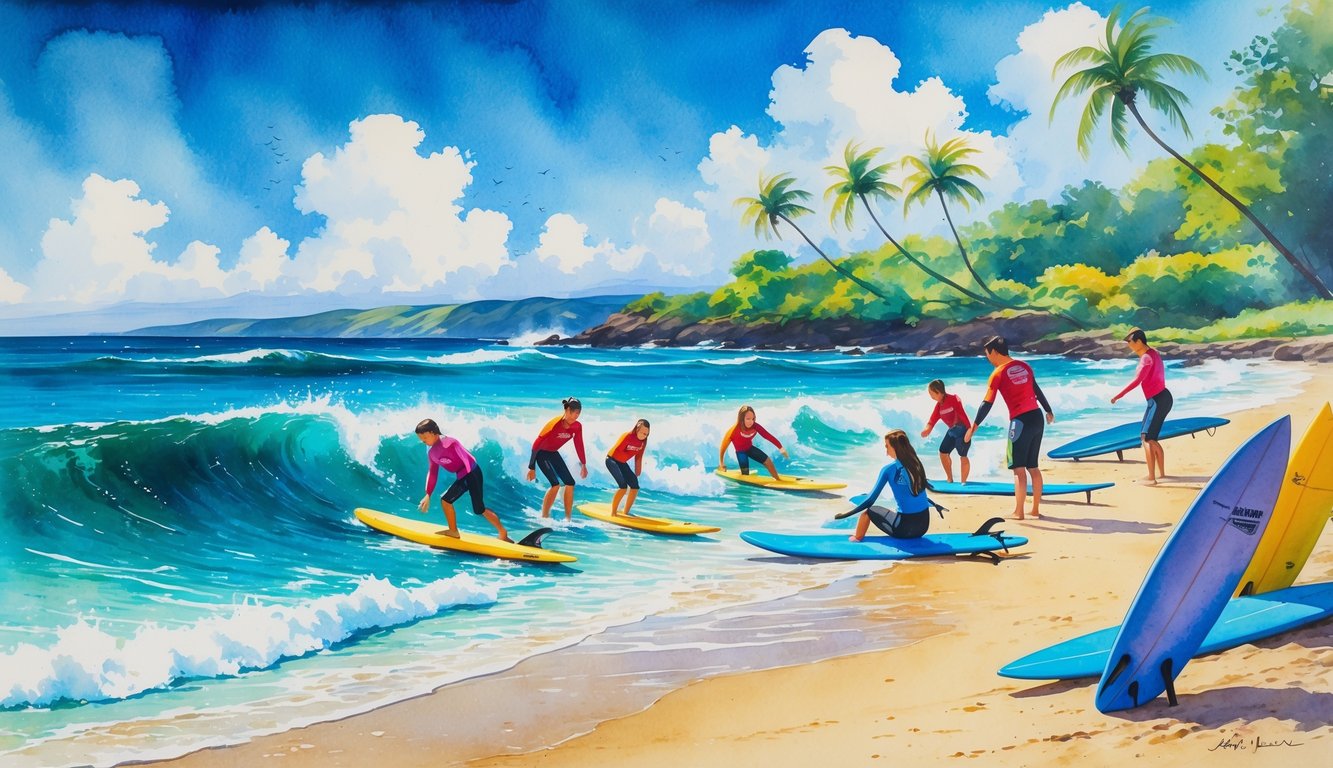A beach in Kauai with beginner surfers and instructors near gentle waves, palm trees, and colorful surfboards on the sand.