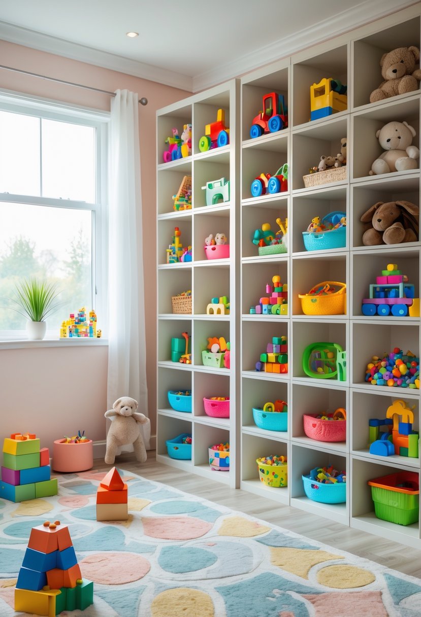 A bright playroom with cube storage shelves neatly organized with different types of toys in separate compartments.