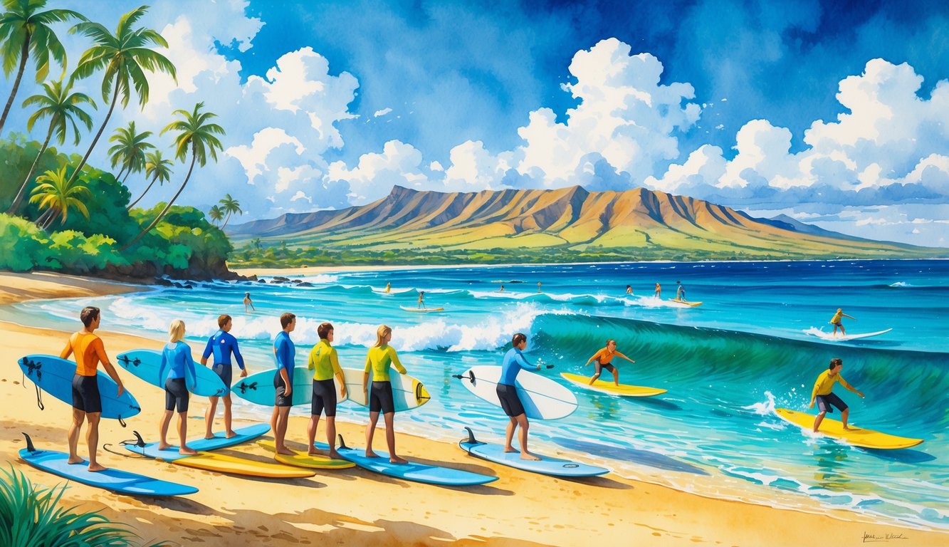 A beach in Kauai with people learning to surf on the sand and in the water, surrounded by palm trees and mountains.