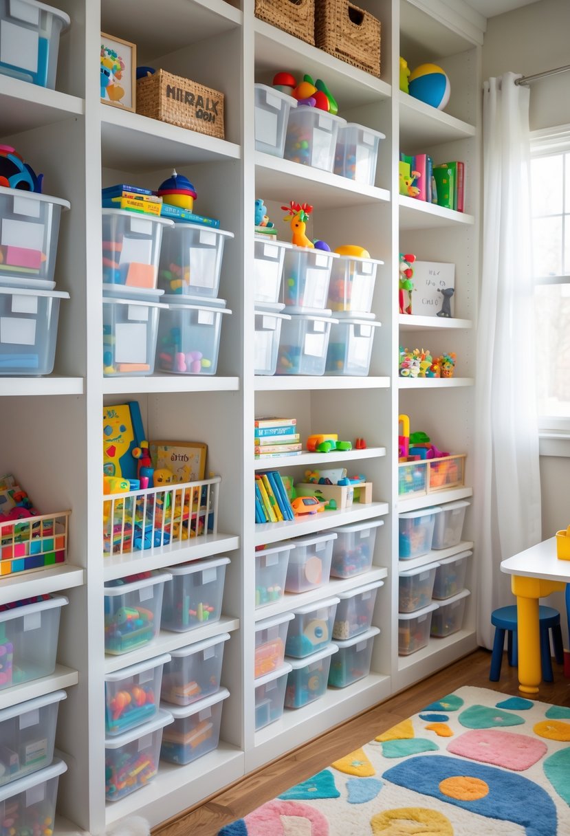 A playroom with clear plastic bins neatly organized on shelves, filled with toys and craft supplies.