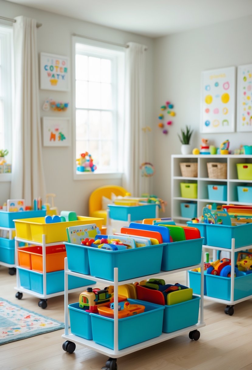 A bright children's playroom with rolling storage carts filled with toys and books, arranged neatly for easy access.