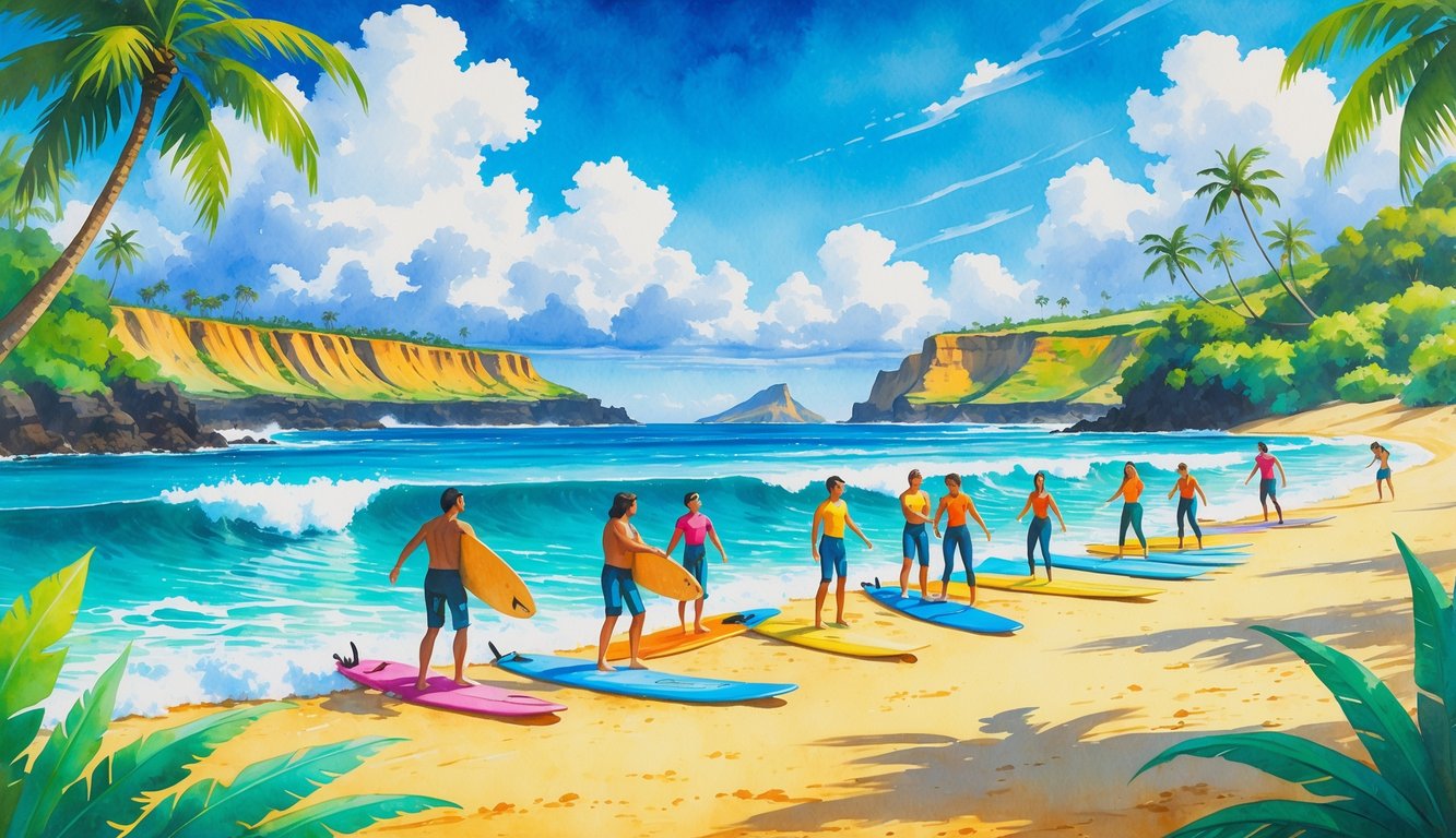 A group of surfers and instructors on a sunny Kauai beach with surfboards, waves, palm trees, and distant cliffs.
