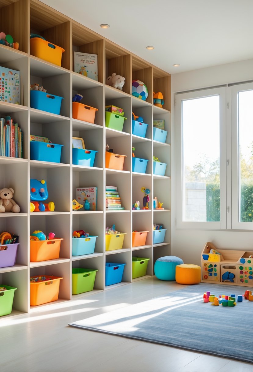 Children's playroom with wall-mounted cubbies holding organized toys and storage bins, keeping the floor clear.