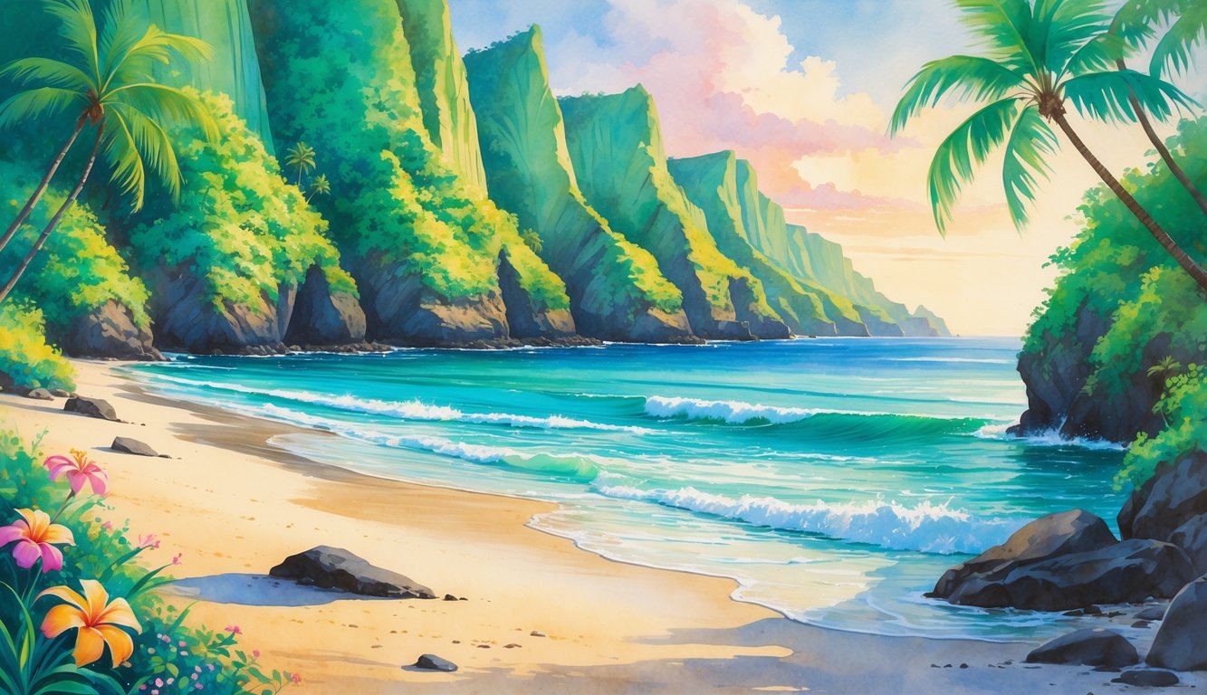 A secluded sandy beach surrounded by green tropical cliffs with clear turquoise water and palm trees.