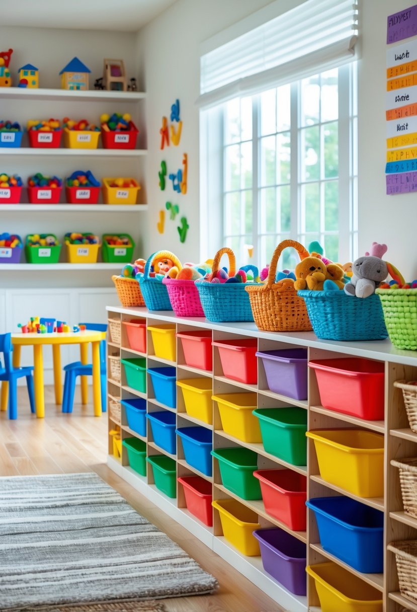 A children's playroom with colorful baskets organized on shelves, each holding different types of toys.