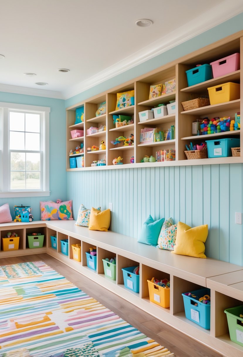 A children's playroom with a built-in bench that has hidden storage compartments, surrounded by organized toys and shelves.