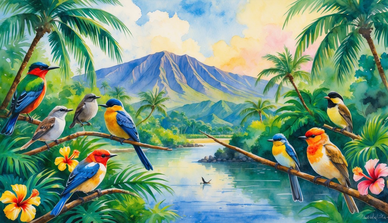 A peaceful tropical landscape with native birds perched among lush green plants and flowers, mountains in the background, and a calm body of water reflecting the scene.
