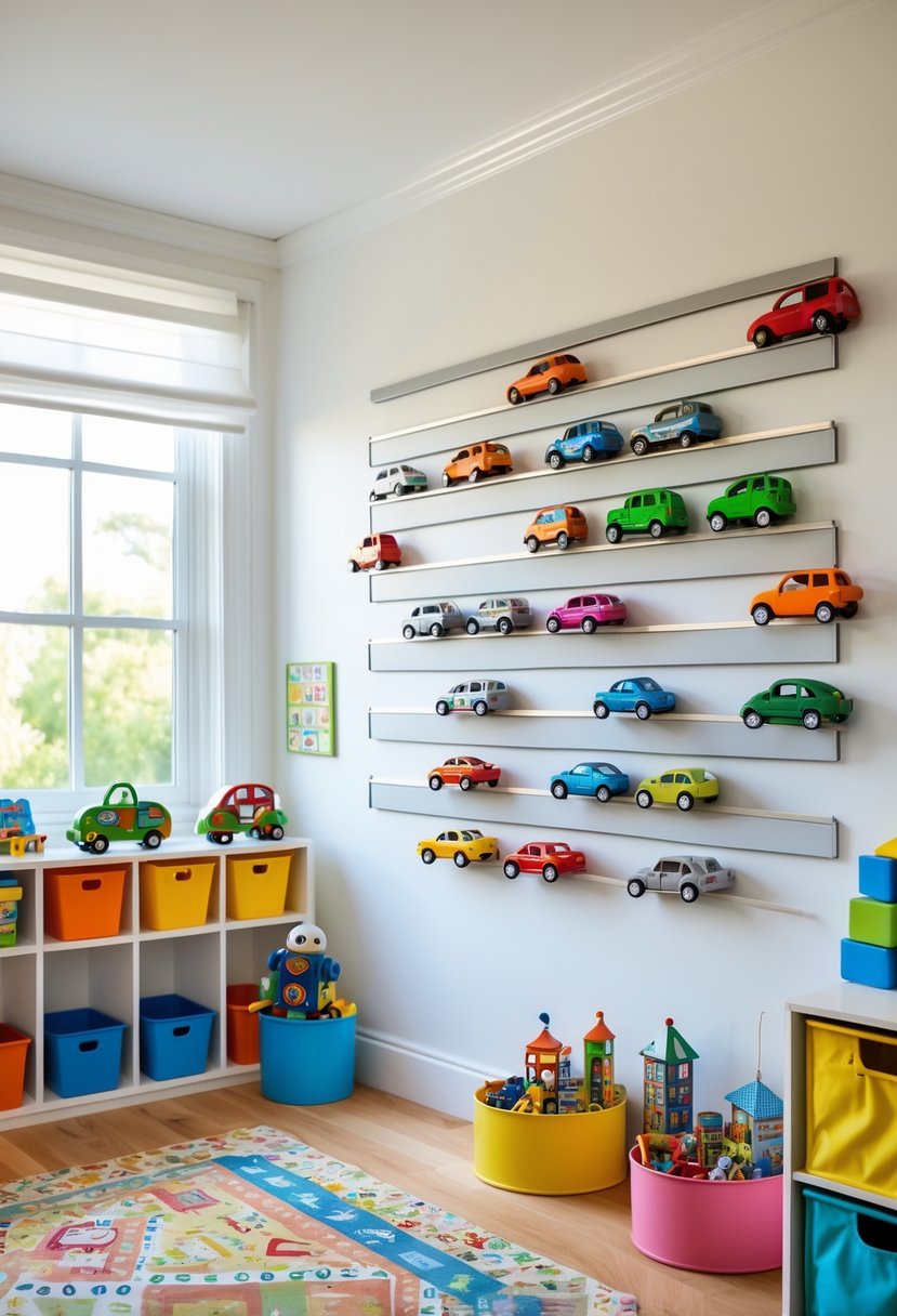 A children's playroom with magnetic strips on the wall holding small metal toys in an organized manner.