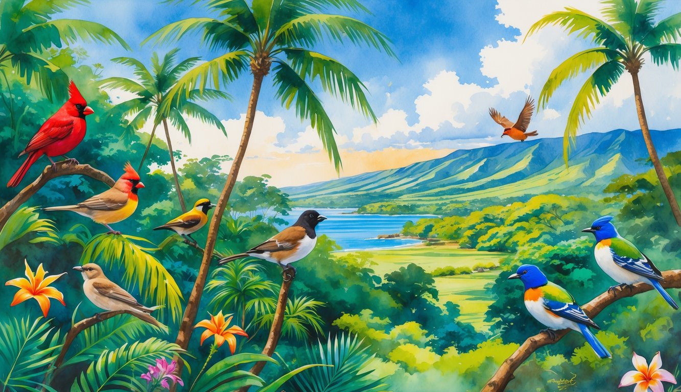 A tropical landscape with green trees, colorful flowers, and several native birds perched and flying, set against blue sky and distant hills.