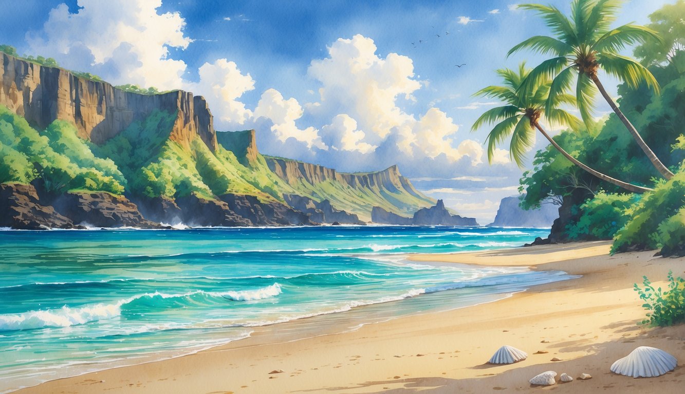 A tranquil beach scene with clear turquoise water, sandy shore, palm trees, and distant cliffs under a partly cloudy sky.