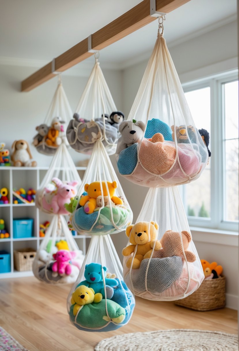 A children's playroom with hanging mesh bags filled with stuffed animals organized on the wall.
