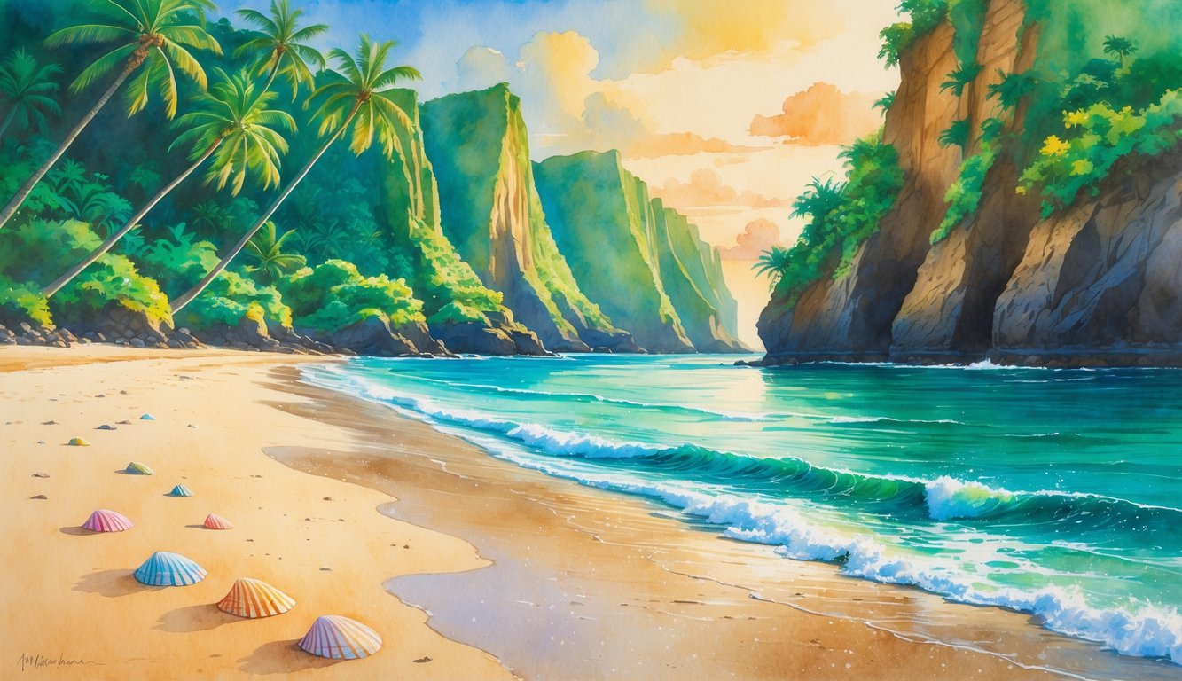 A peaceful hidden beach with clear turquoise water, sandy shore, palm trees, and green cliffs in the background under a warm sunrise sky.