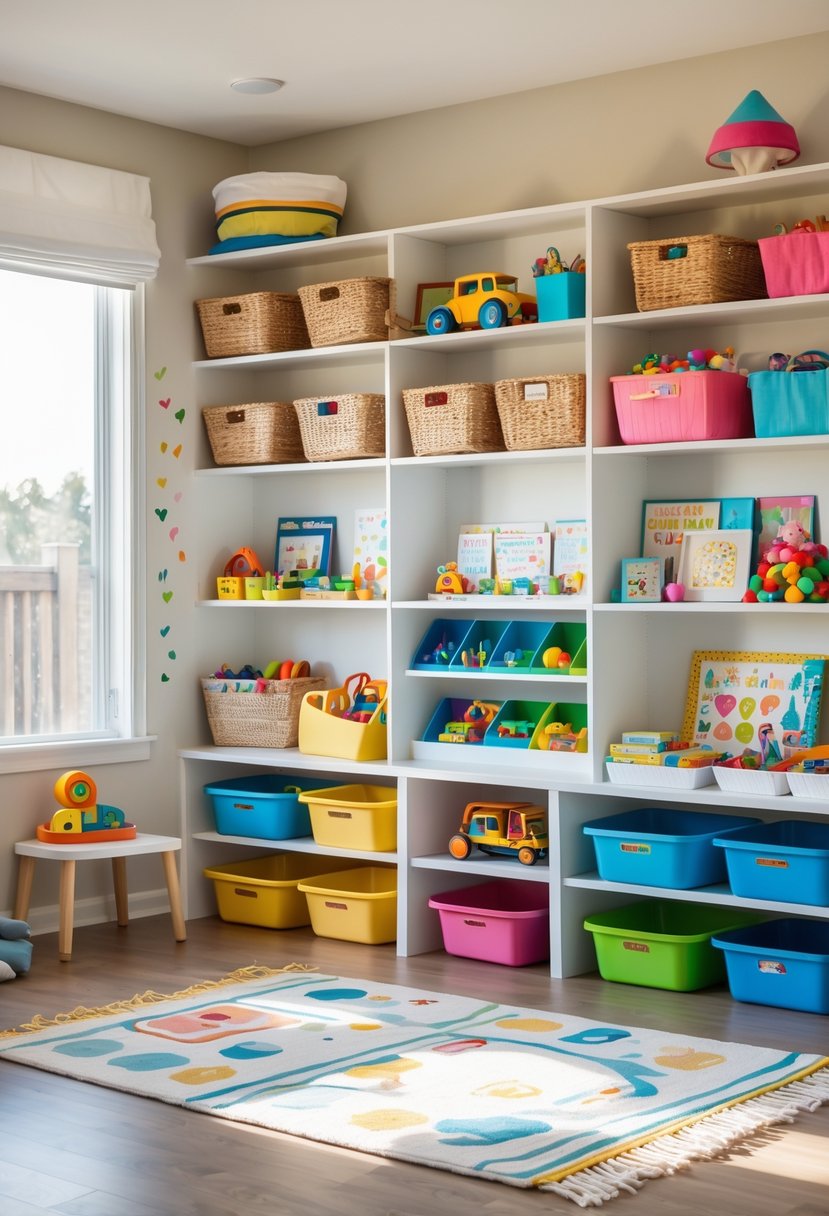 A playroom with low open shelves filled with organized toys, books, and storage bins accessible to toddlers.