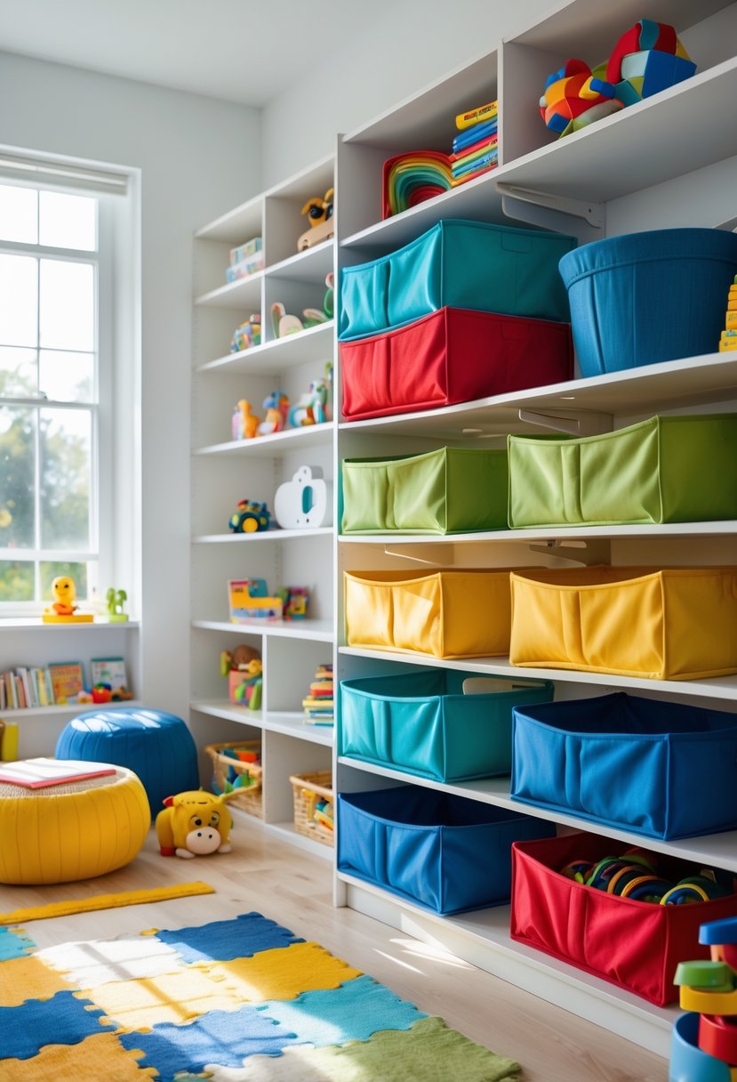 A children's playroom with colorful stackable fabric bins neatly organized on shelves, surrounded by toys and books.