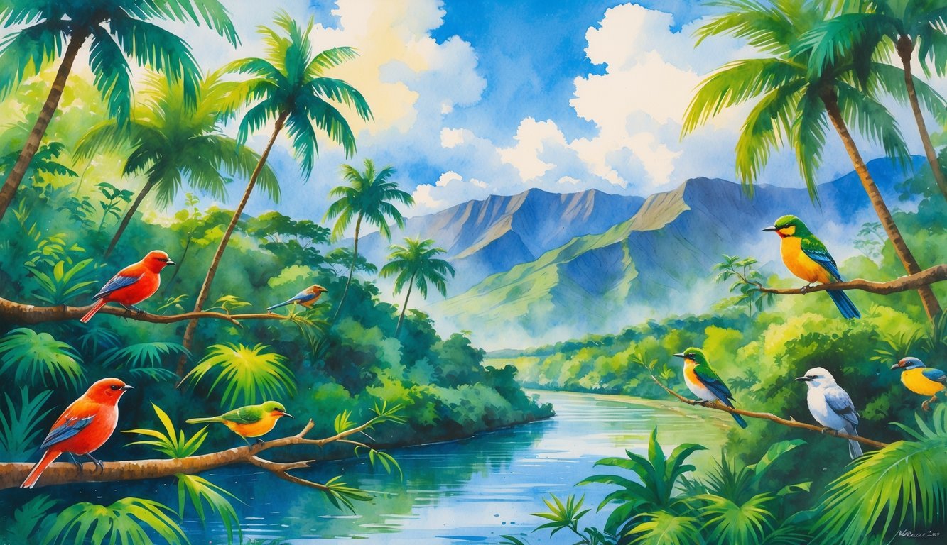 A tropical forest scene with colorful native birds perched on branches near a river, mountains in the background, and soft sunlight filtering through the trees.