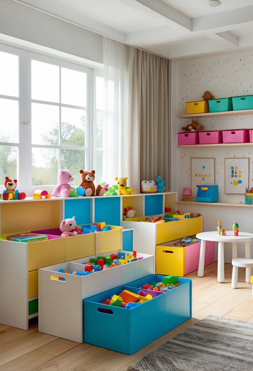 A bright playroom with several toy chests divided into compartments, neatly storing colorful toys and supplies.