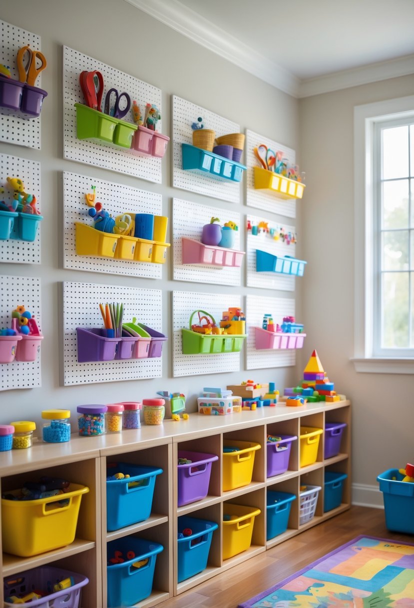 A well-organized playroom wall with pegboards holding craft supplies and small toys, with shelves and bins below for additional storage.