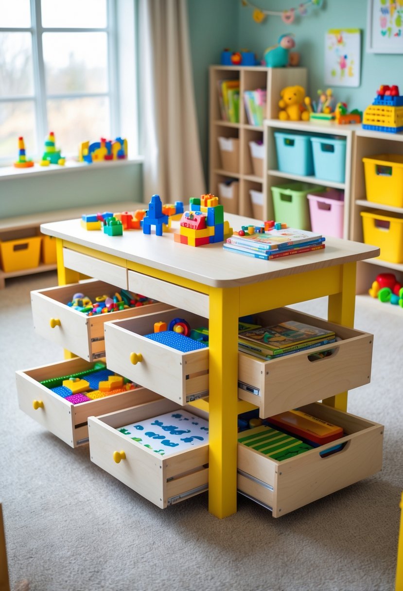 A children's playroom with a wooden table featuring open under-table storage drawers filled with toys and craft supplies.