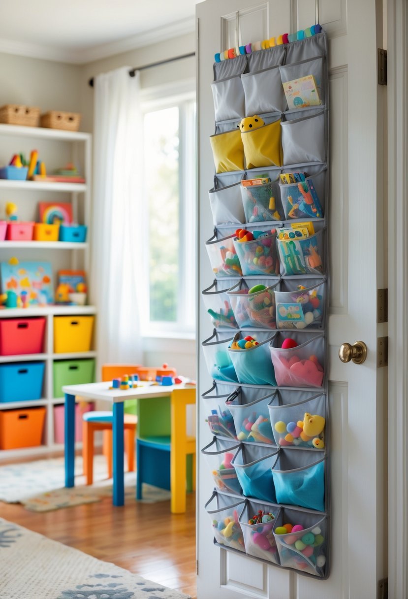 A playroom with an over-the-door shoe organizer holding small toys and craft supplies, surrounded by shelves and children's furniture.