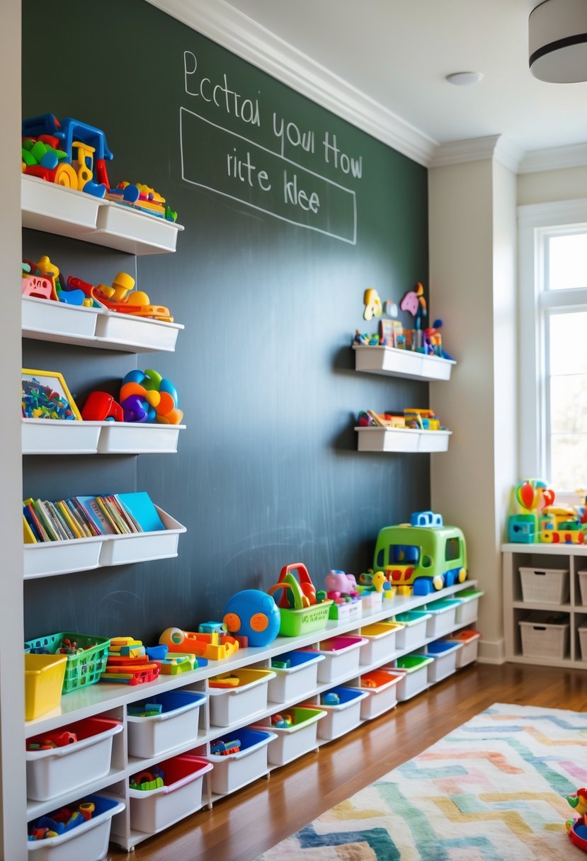 A children's playroom with a large chalkboard wall and attached storage trays holding colorful toys and art supplies, arranged neatly for organized storage.
