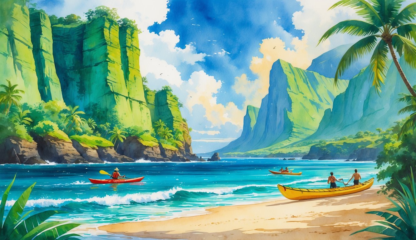 A tropical island scene with cliffs, ocean, a kayaker, a hiker on a trail, snorkelers in coral reefs, palm trees, and a canoe on the beach.
