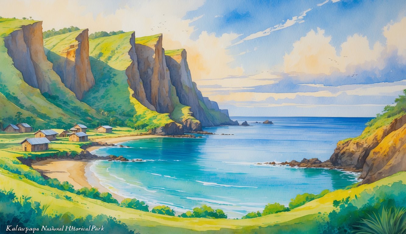 Cliffs covered with greenery overlooking a calm ocean with small historic buildings near the shore under a soft pastel sky.