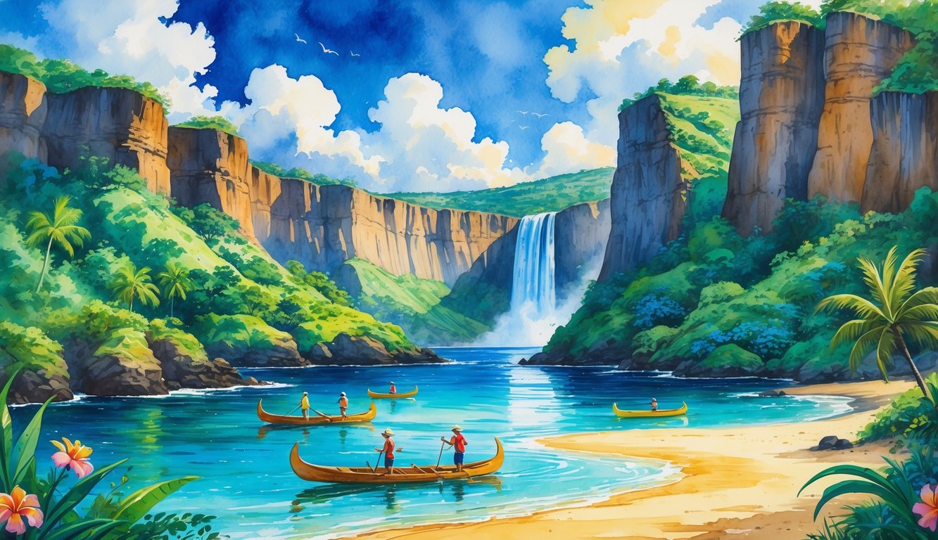A tropical island landscape with cliffs, ocean, hikers on trails, outrigger canoes on the water, a waterfall, and a sandy beach.