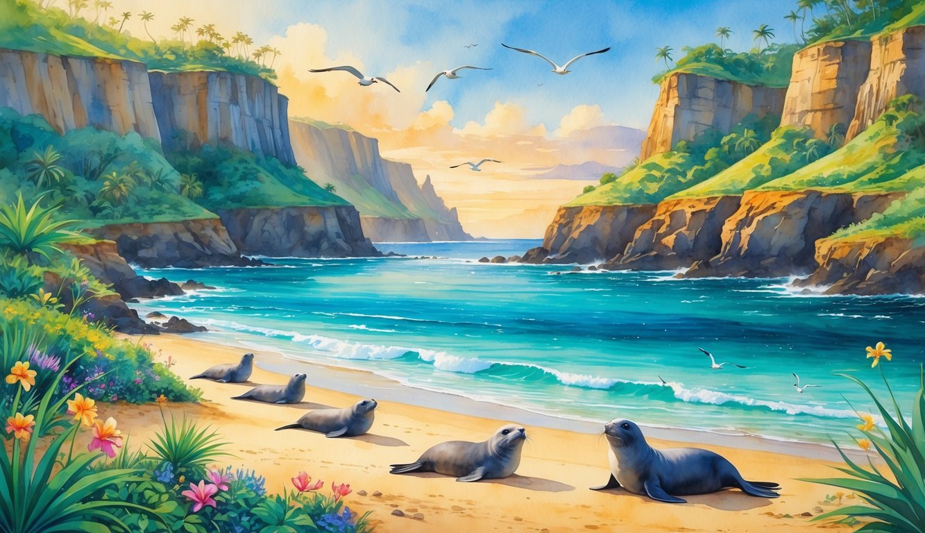 A coastal landscape with tall cliffs, green plants, tropical flowers, seals resting on the beach, and birds flying overhead under a colorful sky.