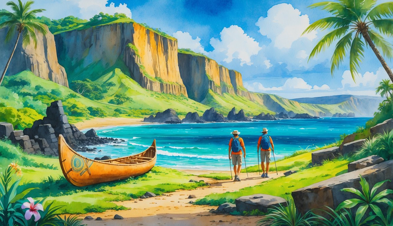 A tropical island scene with cliffs, beaches, ancient stone ruins, hikers on a trail, and colorful native flowers.