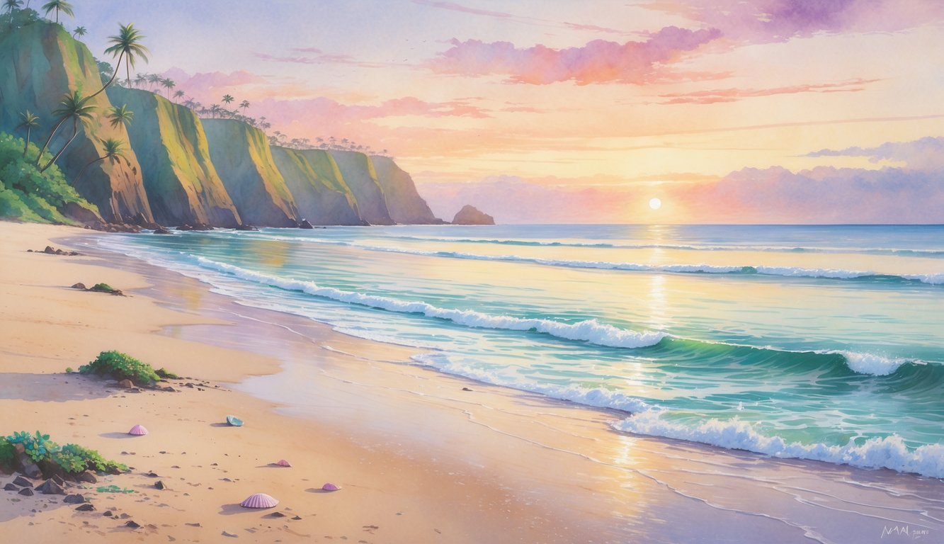 A peaceful empty beach on Molokai with calm ocean waves, green cliffs, palm trees, and a colorful sunrise sky.