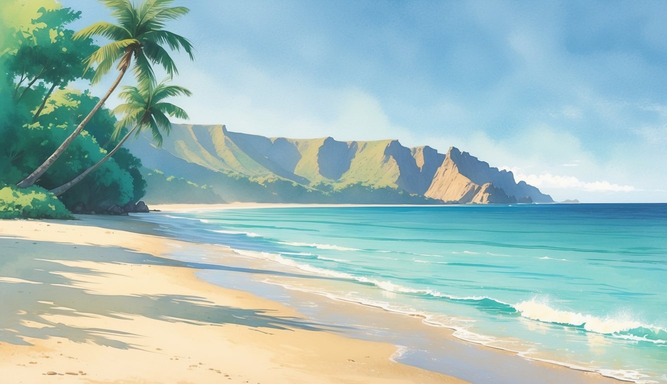 A quiet, empty beach with turquoise water, green palm trees, and distant hills under a clear sky.