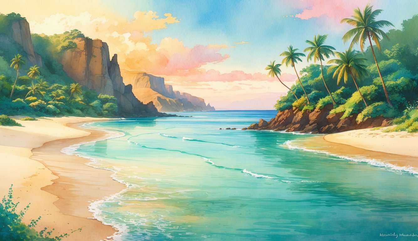 A quiet, empty beach on Molokai with clear blue water, sandy shore, palm trees, and distant green cliffs under a colorful sky.