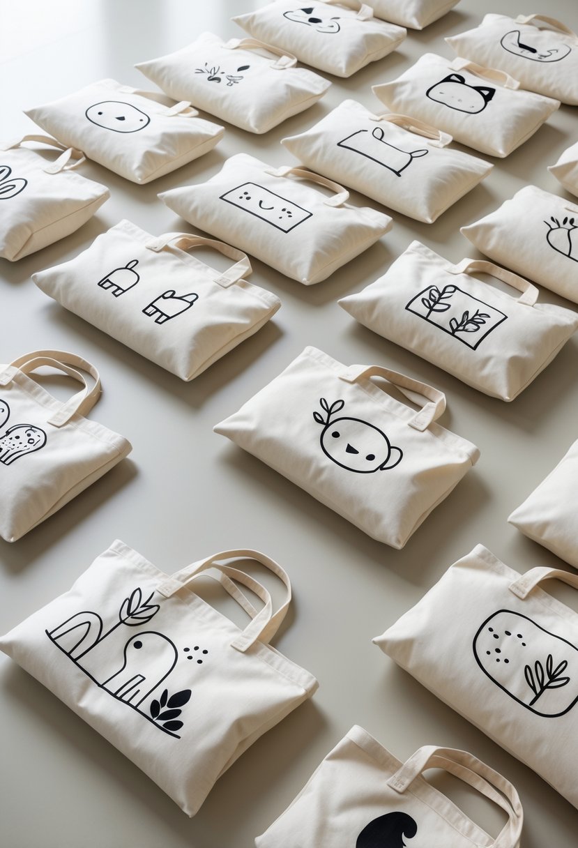 Fifteen tote bags displayed on a light surface, each decorated with simple black line art designs.