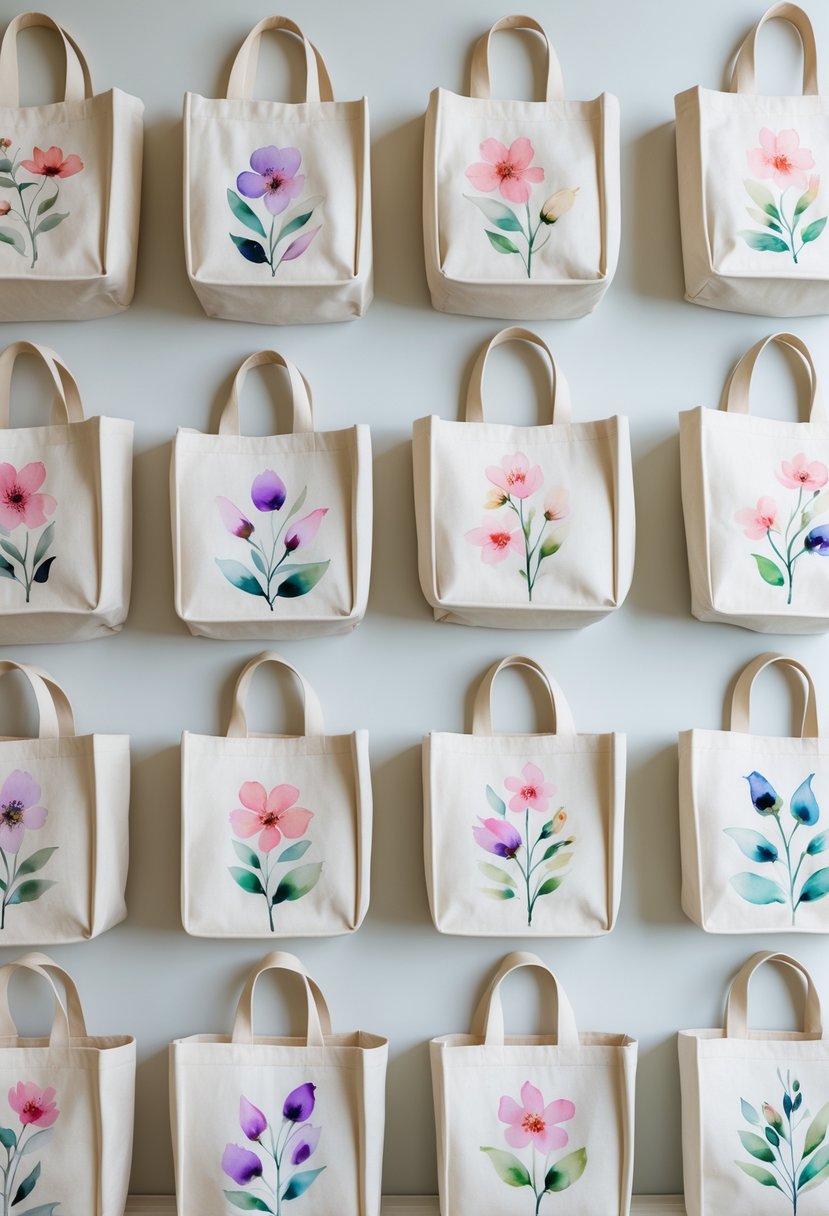 A collection of fifteen tote bags with colorful floral blossom designs arranged on a light surface.