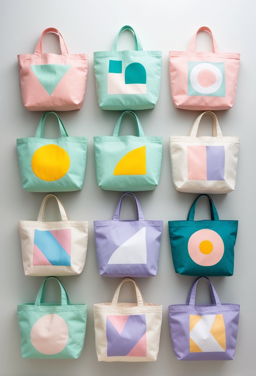 Fifteen tote bags with colorful geometric patterns arranged on a plain surface.