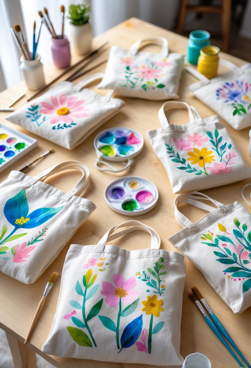 A collection of 15 colorful hand-painted tote bags arranged on a wooden table with art supplies around them.