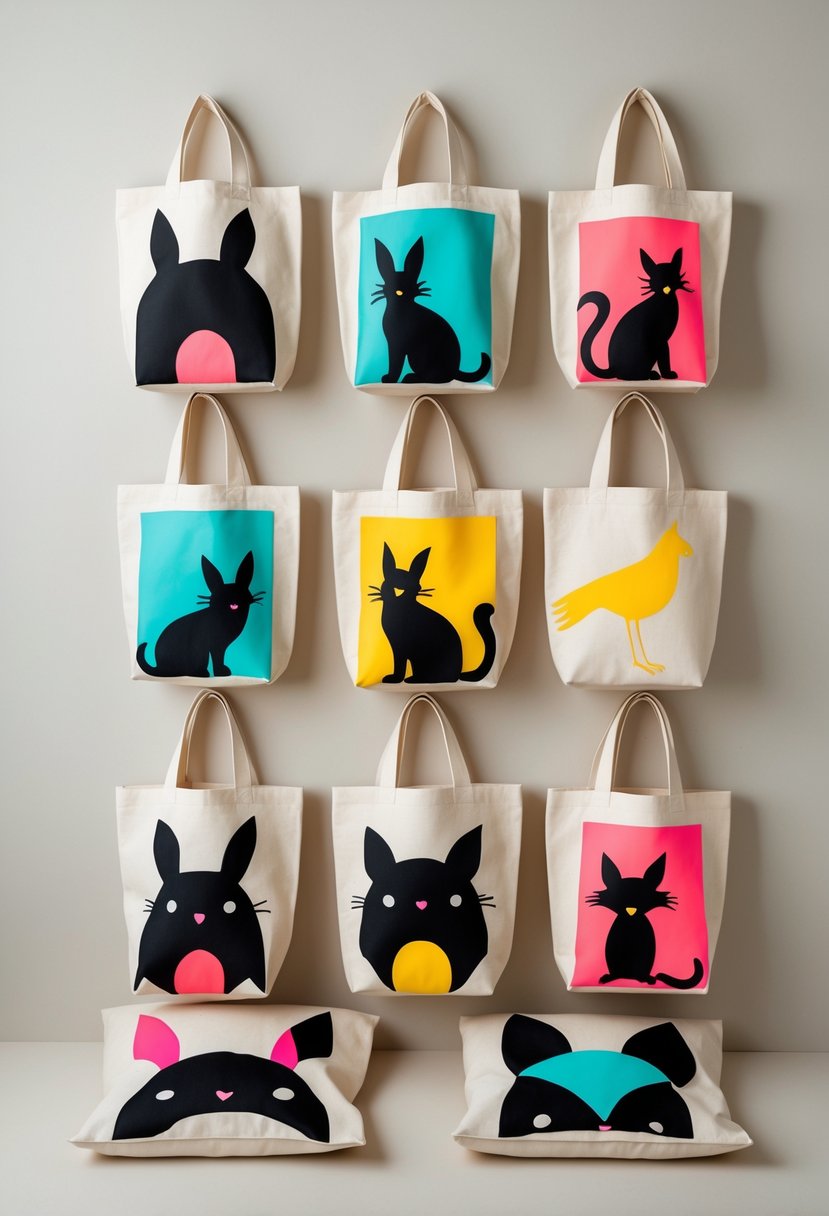 A collection of 15 canvas tote bags featuring cute animal silhouettes with bright colorful accents arranged on a neutral background.