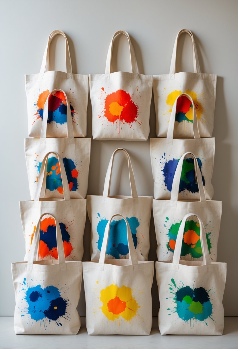 A collection of 15 tote bags with colorful abstract paint splatter designs arranged on a plain background.