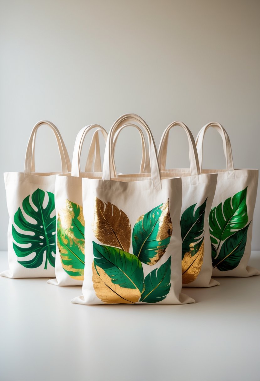 Fifteen tote bags decorated with green and gold tropical leaf designs arranged on a neutral surface.