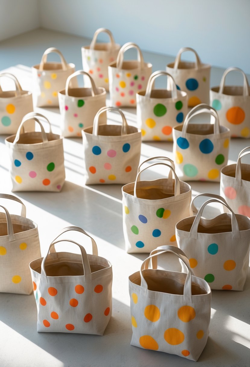 Fifteen tote bags decorated with colorful polka dots in various sizes arranged on a flat surface.