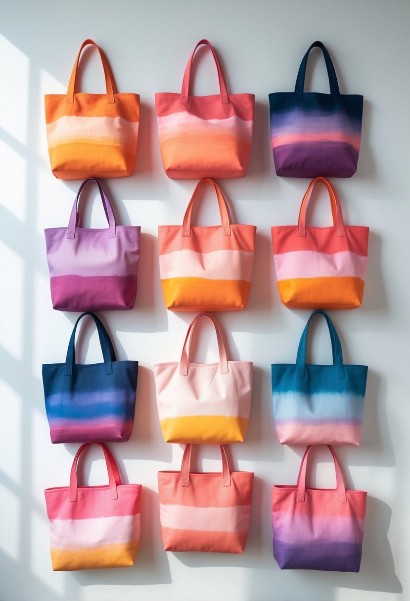 Fifteen colorful tote bags with sunset gradient ombre patterns arranged on a white surface.