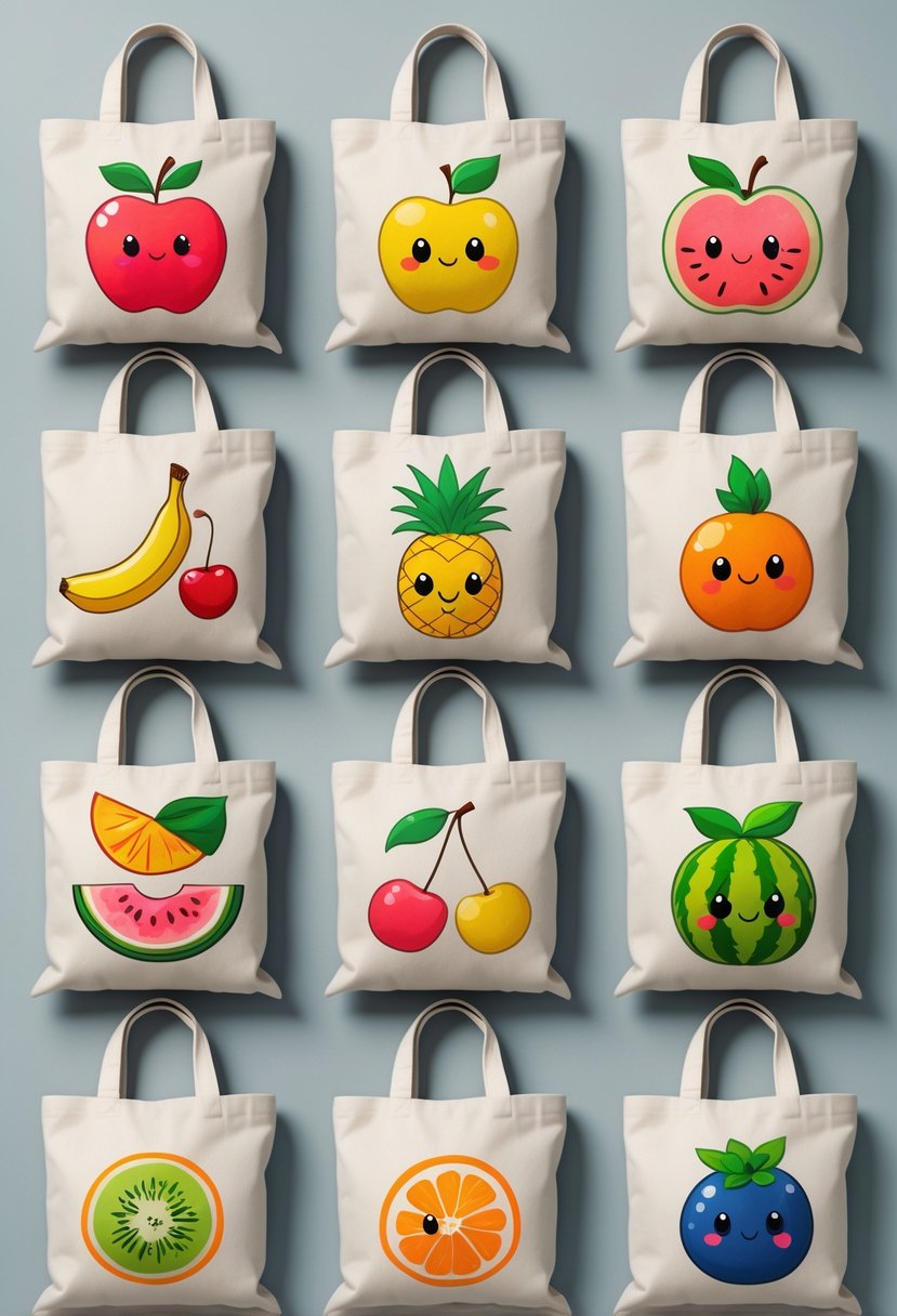 Fifteen canvas tote bags displayed on a plain background, each featuring a colorful fruit illustration.