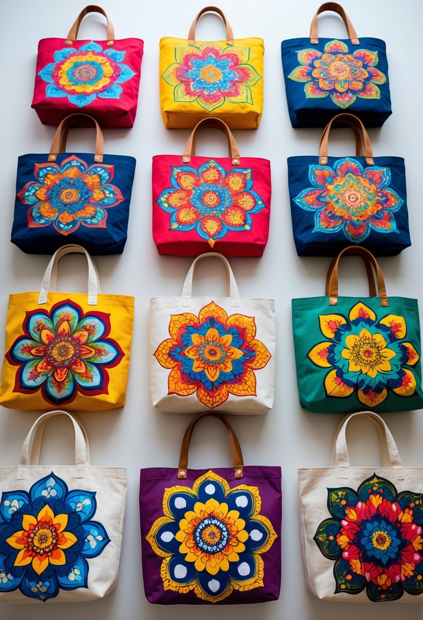Fifteen colorful tote bags with intricate mandala patterns arranged on a plain surface.