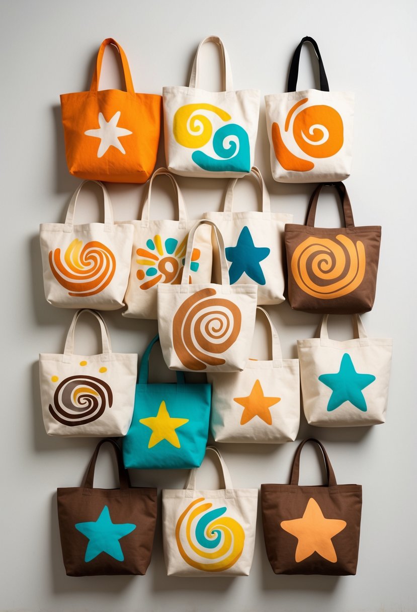 A collection of 15 colorful tote bags with painted swirl and star designs arranged on a neutral background.