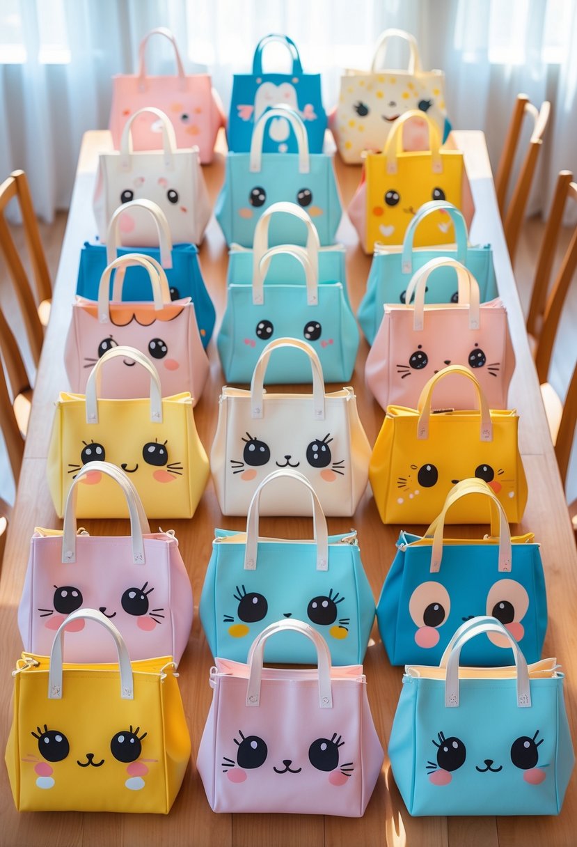 A collection of 15 colorful tote bags with cute characters featuring big eyes displayed on a wooden table.