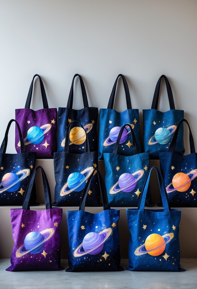 A collection of 15 tote bags painted with colorful designs of stars and planets arranged on a neutral background.