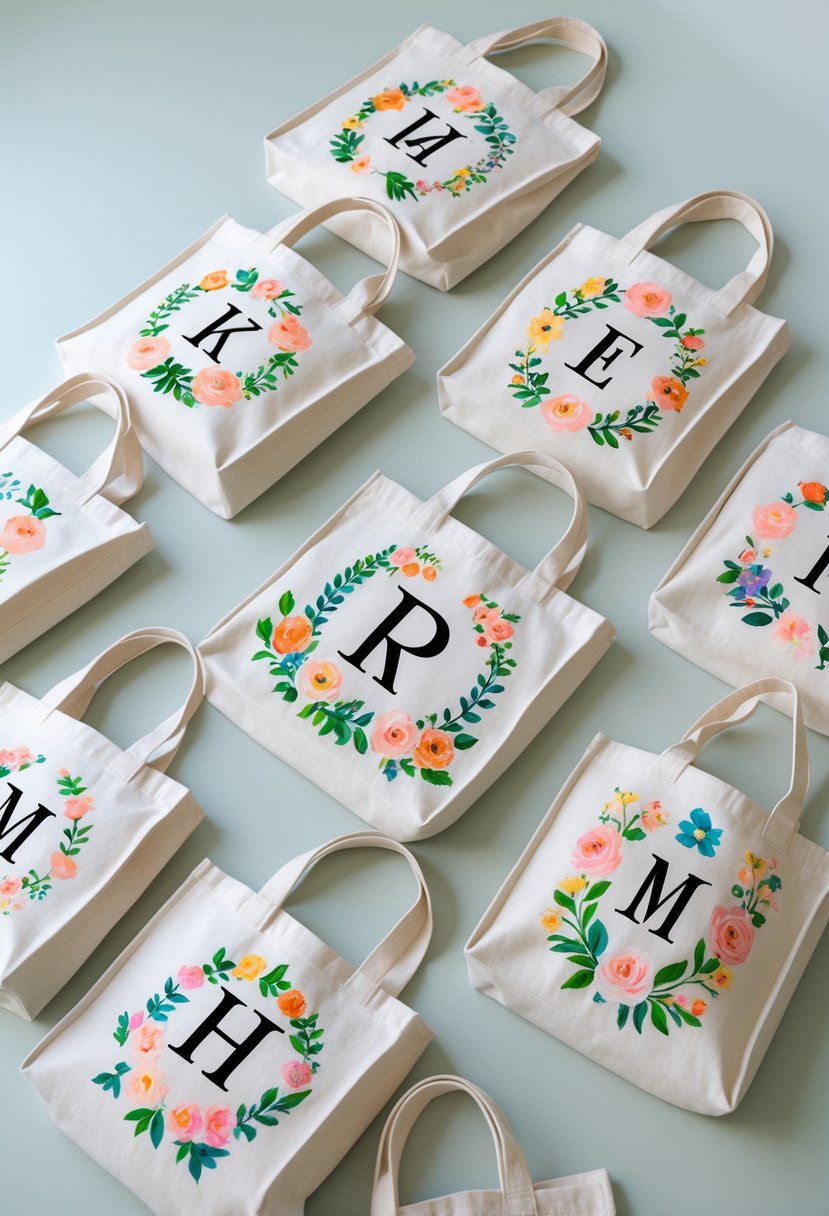 A collection of 15 painted tote bags featuring monogram initials surrounded by floral borders, arranged on a light surface.
