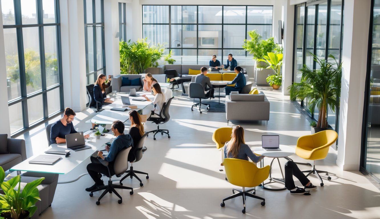 A bright coworking space with people working at desks and having a meeting in a modern, open room with plants and large windows.