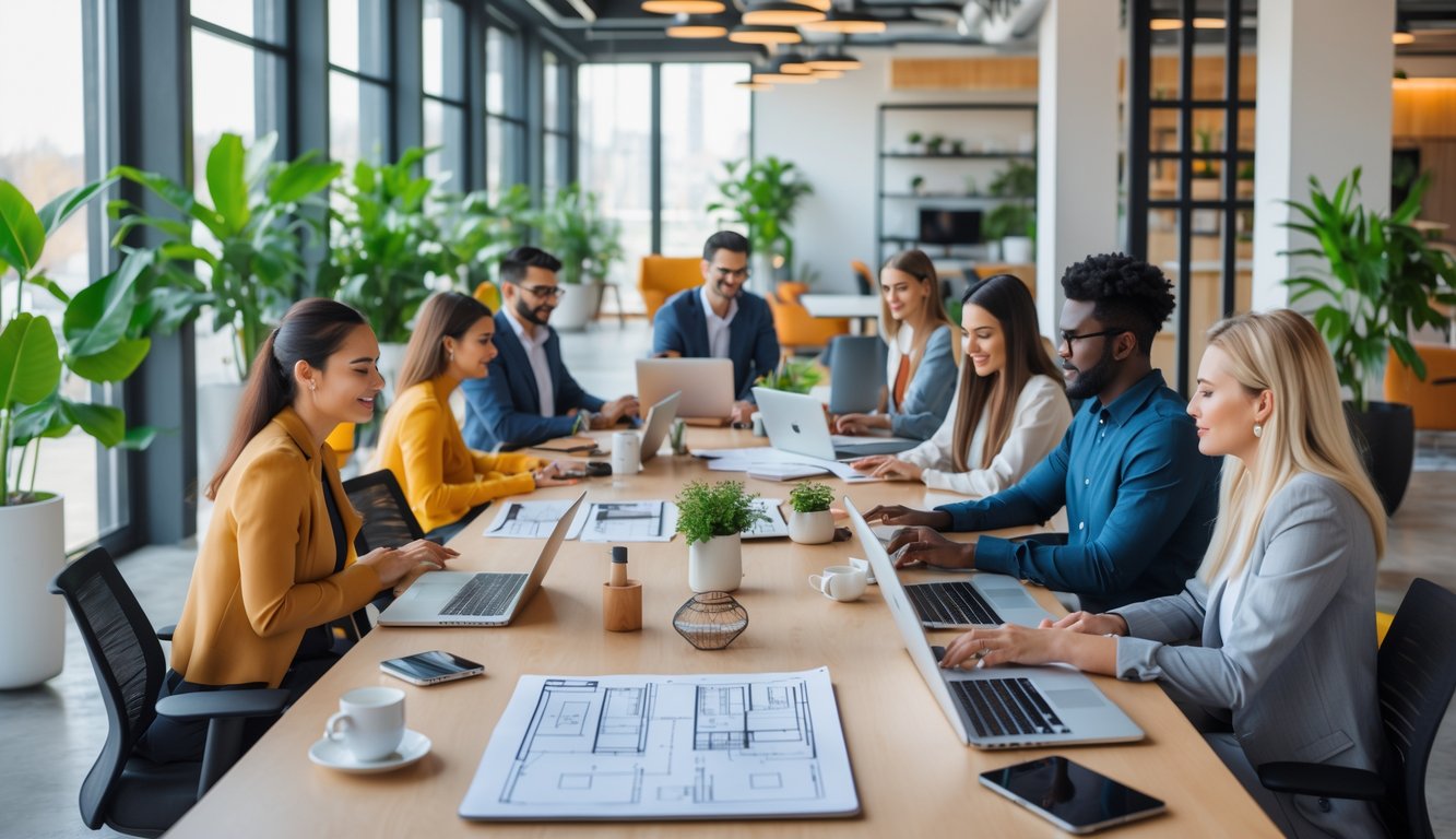 A modern coworking space with people working and collaborating around desks and tables near large windows.